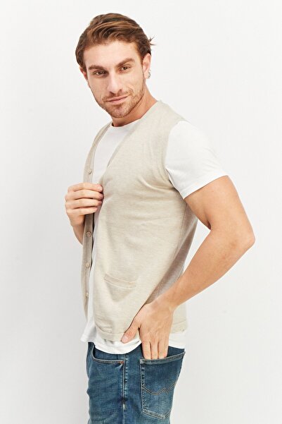 Sorbino Men V Neck Sleeveless Plain Sweater Vest, Beige