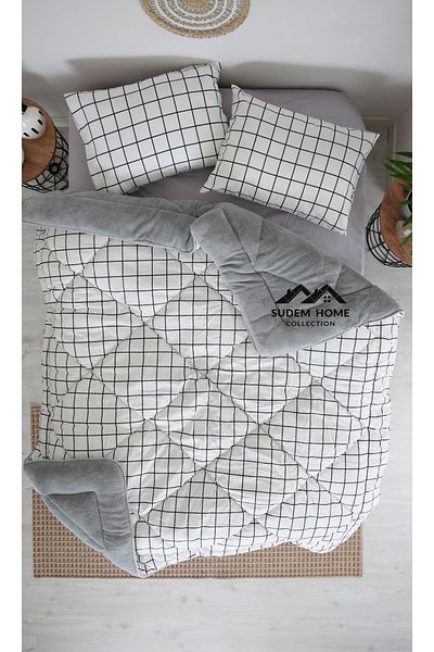 Sudem Home Collection طقم لحاف من الصوف Wellsoft Pufidik مزدوج الجوانب باللون الأبيض المربع