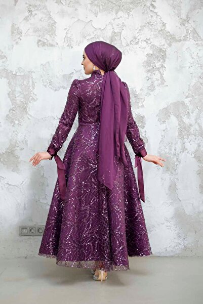 Neva Style - Sequin Bead Embroidered Plum Hijab Evening Dress 4908Mu