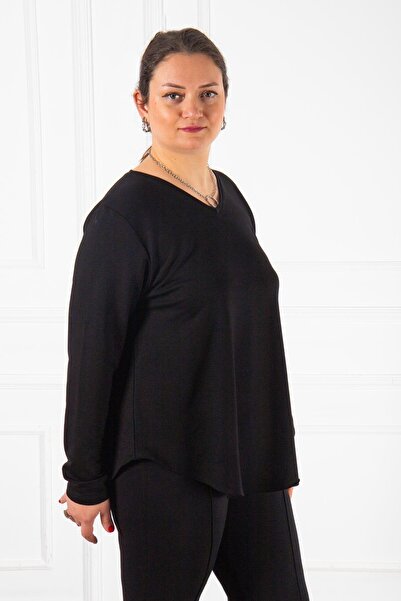 Bedrinxxl Büyük Beden Modal Penye V Yaka, Siyah Büyük Beden Penye