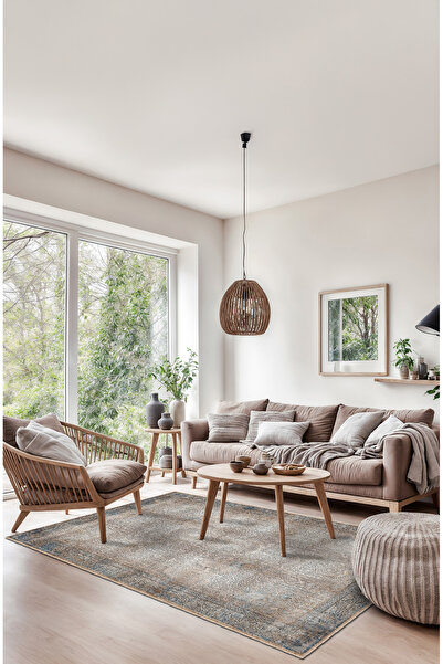 BigArts Home Gri Mavi Eskitme Desenli Şönil Kaymaz Taban Salon Mutfak Halısı ...