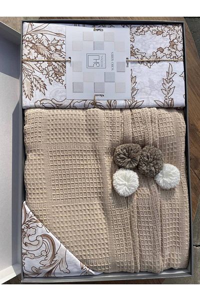 Sudem Home Collection Stone Colored Double Pompom Dowry Pique Set
