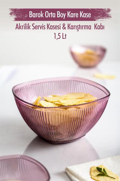 HSDemirci 1.5 Lt Acrylic Baroque Plum - Medium Size Square Fruit and Salad Bowl