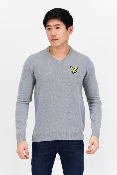 Lyle & Scott Men V-neck Embroidered Logo Long Sleeve Sweater, Grey
