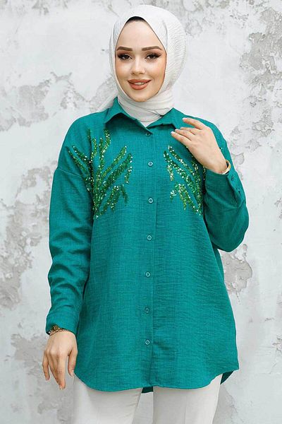 Neva Style Cămașă Hijab cu margele verde smarald - 4526ZY