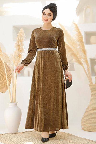 Neva Style Rochie de seara cu hijab - Rochie de seara hijab auriu argintiu 42541aur
