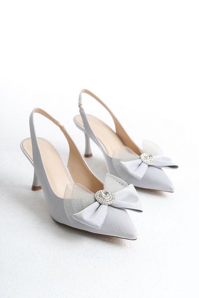 MARSEDO Stiletto de damă cu plasă argintie - pantofi casual cu toc cu fundă și spate deschis