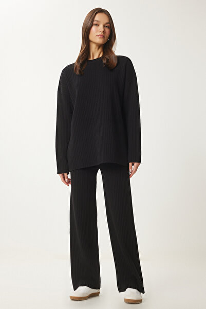 Lovelyİstanbul Ribbed Knitwear Sweater Trousers Set Black Lpf0091