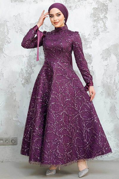 Neva Style - Sequin Bead Embroidered Plum Hijab Evening Dress 4908Mu