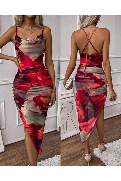 hipnoz butik γυναικείο φόρεμα μίντι μήκους ασύμμετρης κοπής από γυάλινο τούλι με εσωτερική επένδυση από σχοινί