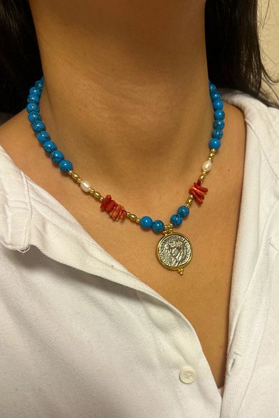 Suerte Accessories Handmade Turquoise and Red Coral Natural Stone Mayorka Pearl Medallion End Natural Stone Necklace