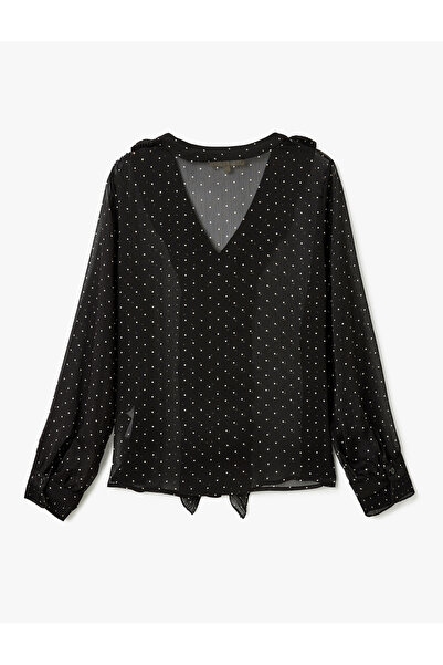 Koton Πουά ημιδιάφανο βολάν με λεπτομέρεια μακρυμάνικο πουκάμισο σιφόν με λαιμόκοψη V