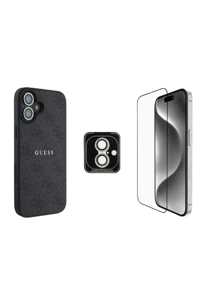 Guess iPhone 16 Guess Lisanslı 3'lü Aksesuar Seti Kılıf-Ekran Koruyucu-Lens K...