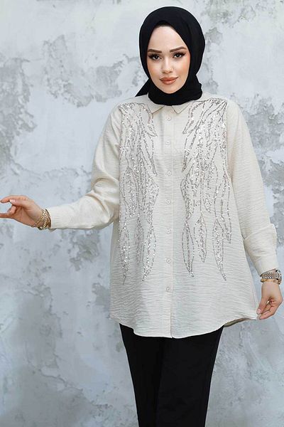 Neva Style Cămașă Hijab cu piatră brodată cu margele 45280TAS