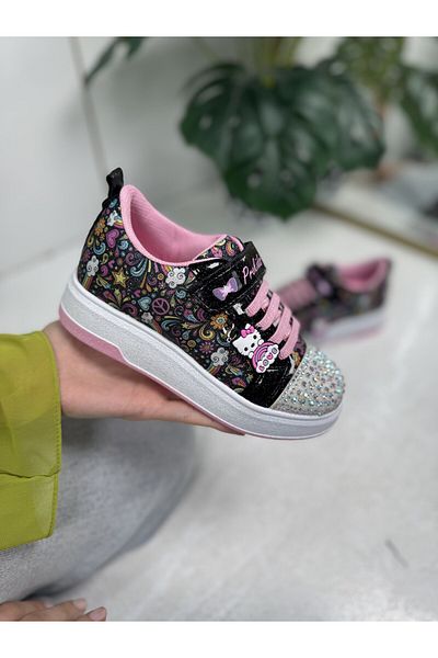 İmerShoes Pantofi pentru fete - negru roz, detaliu cu ciucuri, vârf argintiu și pantofi sport cu șireturi cu velcro 4004