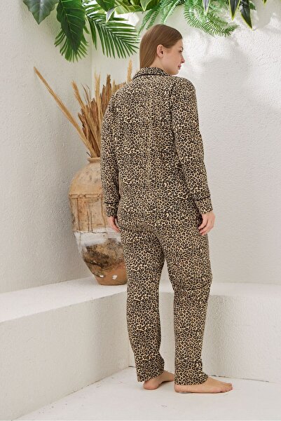 pijamacity Büyük Beden Kadın Uzun Kollu Pamuklu Ara Biyeli Leopar Desenli Önden Düğmeli  Pijama Takımı