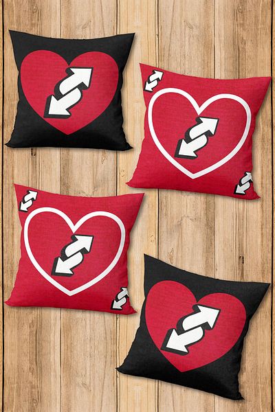 Doruklar Home Collection Double Sided Printed Shiny Fabric Valentine's Day Special Patterned 4 Piece Throw Pillow Case Set