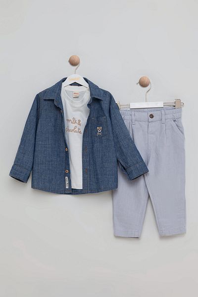 Bombili Teddy Embroidered Denim Shirt Blouse Pants Combination Elastic Waist 3-Piece Boys' Suit