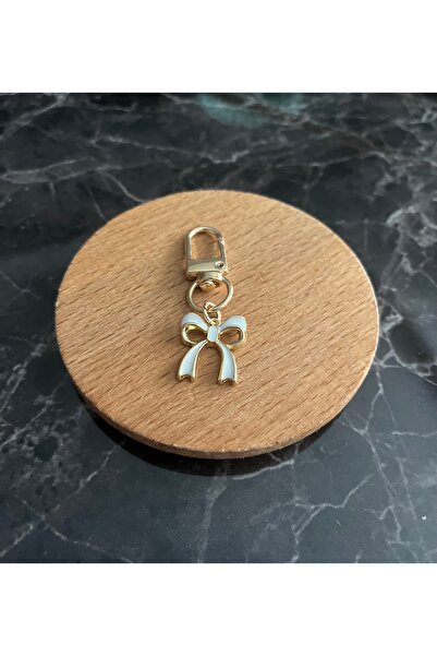 Beyaz Fiyonklu Çanta Süsü Anahtarlık Gold Charm