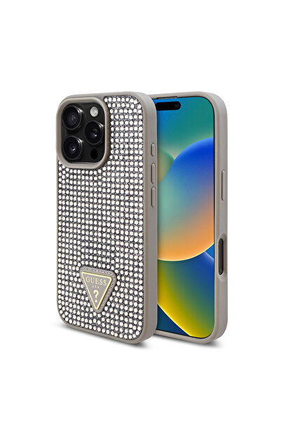 Guess iPhone 16 Pro Max Uyumlu Kılıf Guess Lisanslı Üçgen Logolu Taşlı Kapak ...