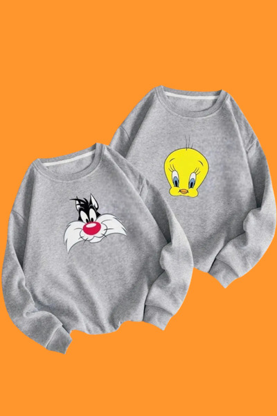 Wish BF Sylvester Tweety Sevgili Çift Kombin - Siyah Baskılı Oversize Bisiklet Yaka Sweatshirt