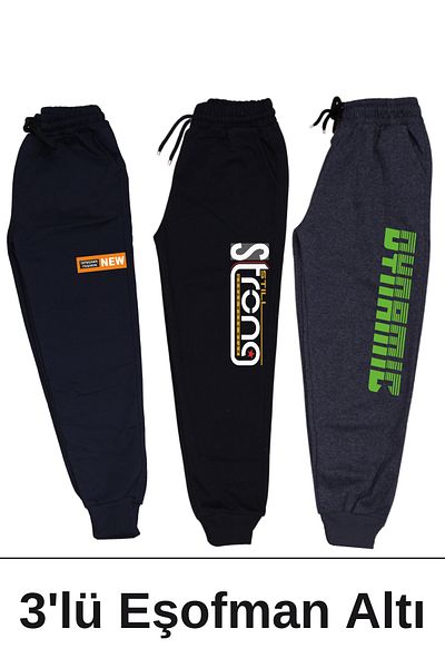 FYK COLLECTİON Комплект от 3 спортни долнища с двоен джоб и щампа Still-Strong-Dynamic за момчета