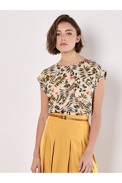 Apricot Top mit Blattdruck und geteiltem Rücken