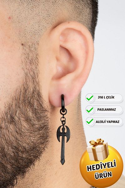 Piercing Market Steel & Silver Men's Unisex Axe Model Earrings - Steel Dangle, No Rusting Blackening