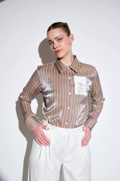 EsSo butik Long Sleeve Striped Shiny Satin Fabric Shirt