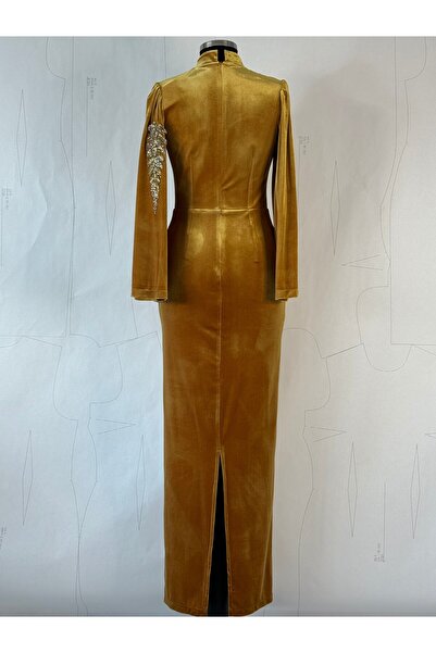 4 YOU TEKSTİL VE AKSESUAR Hardal kadife elbise