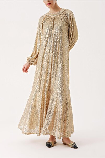 SOCIETA Bej Büzgü detaylı balon kollu payetli elbise 94468