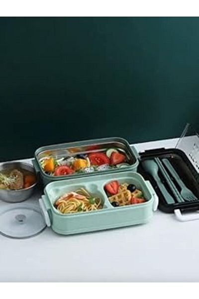 STOREMAX Old Village Concept Lunch Box, 1400 ml 3 Layer Lunch Box, Cutlery, Dinner Box, Y