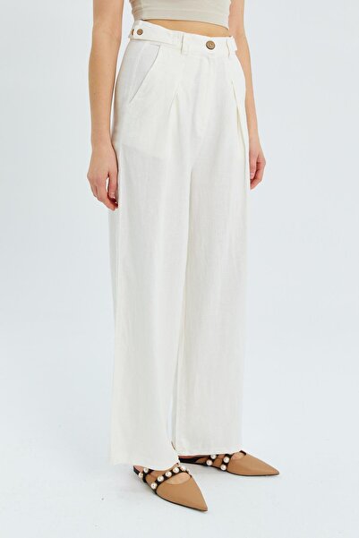 Mixray 4554 Жіночі брюки екрю з іспанськими штанинами - з плісировкою та ременем