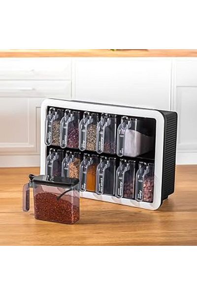 Cepahir 1165 Simple - 12-Piece Black Be Spice Rack Set with Stand and Spoon Lid