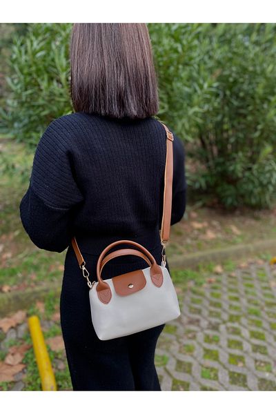 bag Geantă de mână și de umăr din piele artificială pentru femei, bronzat crem, cu mâner dublu și curea reglabilă