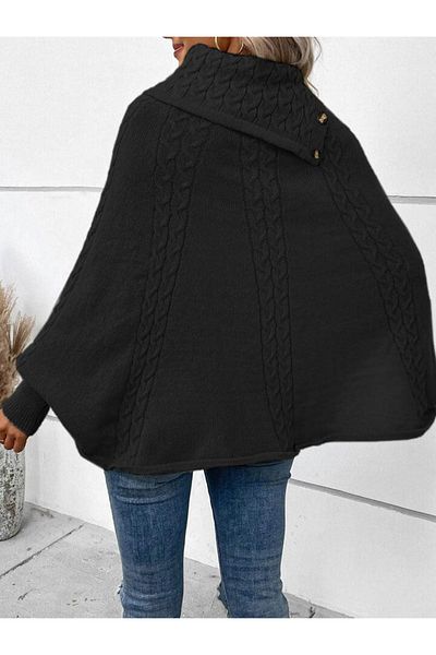 Trend Moda Women's Long Sleeve Turtleneck Button Detailed Knitwear Poncho
