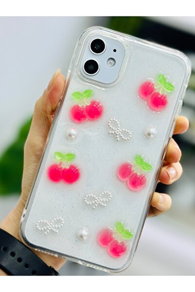 Go Aksesuar iPhone 11 Compatible Pearl Cherry Design Flexible Silicone Case with Toy