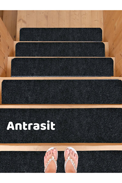 BEYLİNİ Merdiven Halısı Basamak Halısı Keçe Kaymaz Taban Yapışkanlı Halıfleks Antrasit 1li 20x75 Cm