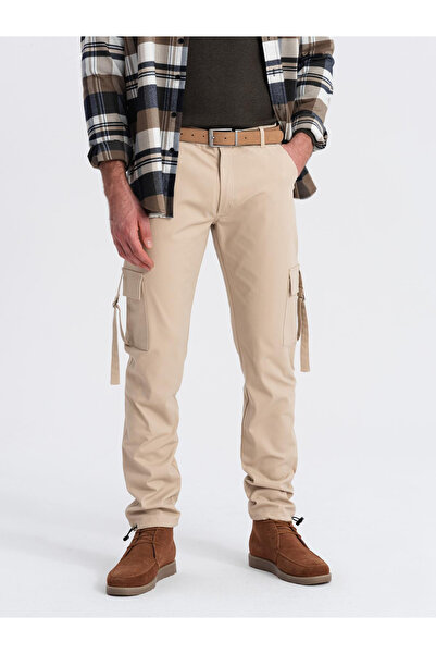 OMBRE Ανδρικό παντελόνι cargo STRAIGHT LEG με ριγέ τσέπες - άμμος V2 OM-PACG-0197 M