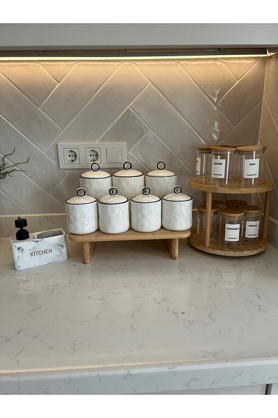 Sade Hediye Set of 12 Bamboo Spice Dispensers - Porcelain Vacuum Lid, Swivel Stand Soap Dispenser
