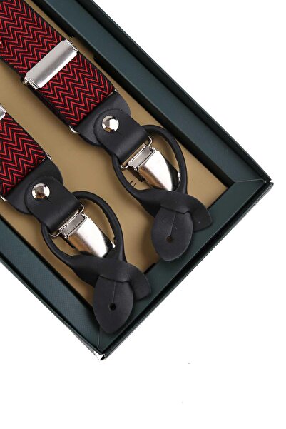 Kravatkolik Burgundy Leather Pants Strap - Button Detailed Jacquard Pan204