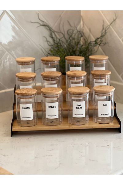 Sade Hediye 12-Piece Bamboo Swivel Stand - Black Metal Detailed Ladder Spice Rack