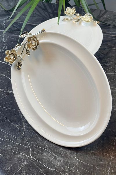 MAY HOME Set of 2 Porcelain Oval Appetizer Salad Plates with Turquoise Metal Legs