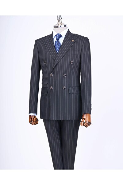 TerziAdemAltun طقم جاكيت وبنطلون مخطط باللون الأزرق الداكن - T13198