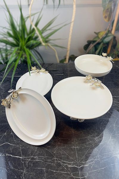 MAY HOME 4 Pieces of Turquoise Porcelain Metal Legs Presentation Serving Set & Plate Bowl Appetizer Boat Set