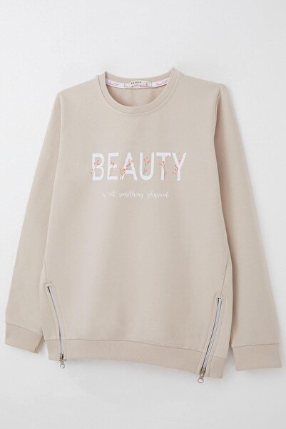 Breeze Μπεζ φούτερ για κορίτσια 9-14 ετών - Με στάμπα κειμένου και λεπτομέρεια με φερμουάρ στην άκρη