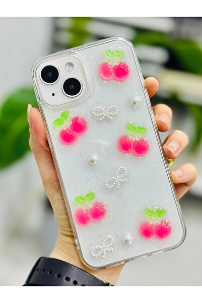 Go Aksesuar Flexible Silicone Case with Toy Design for iPhone 13 - 14 and 15 Compatible Pearl Cherry