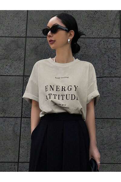 ALİKA Tricou oversize pentru femei, bej Energy Attitude Written