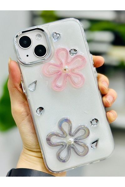 Go Aksesuar حافظة سيليكون مرنة متوافقة مع هاتف Iphone 13 - 14 و15 مع تصميم لعبة EPOXY 2 FLOWERS