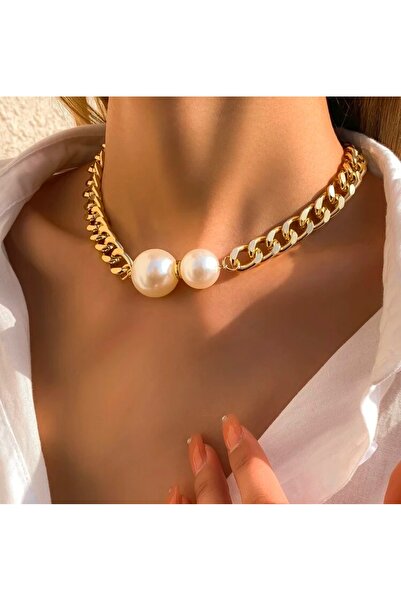 monalisatoka Kadın Gold Ezme Zincirli İncili Kolye